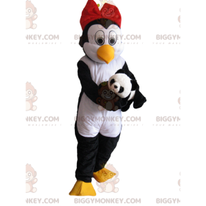 Penguin BIGGYMONKEY™ Mascot Costume with Red Bow Tie and Plush