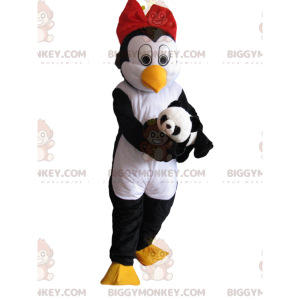Penguin BIGGYMONKEY™ maskotkostume med rød sløjfe og plys -