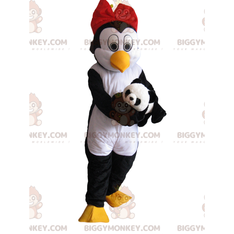 Penguin BIGGYMONKEY™ Mascot Costume with Red Bow Tie and Plush