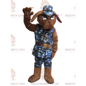 Vihaisen ruskean koiran BIGGYMONKEY™ maskottiasu sotilasasulla