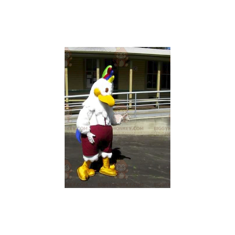 White Hen Bird BIGGYMONKEY™ Mascot Costume with Colorful Crest