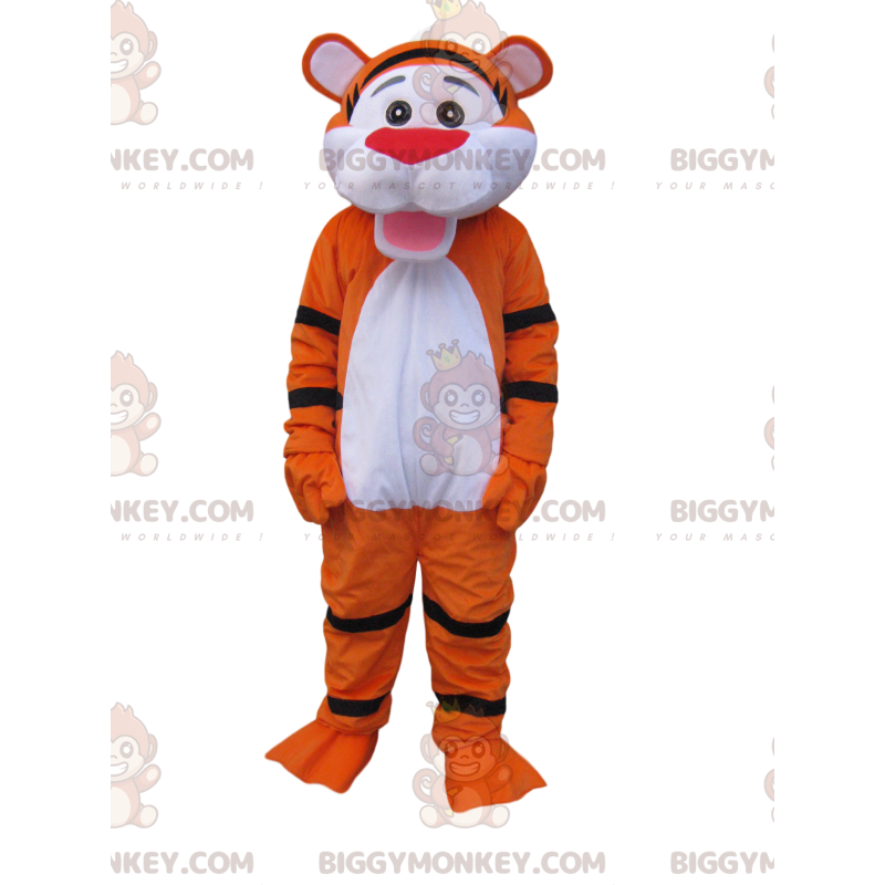 Disfraz de mascota BIGGYMONKEY™ de tigre naranja neón muy feliz