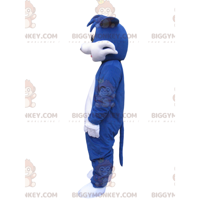Kostým modrobílého psa BIGGYMONKEY™ maskota s legračním pufem –