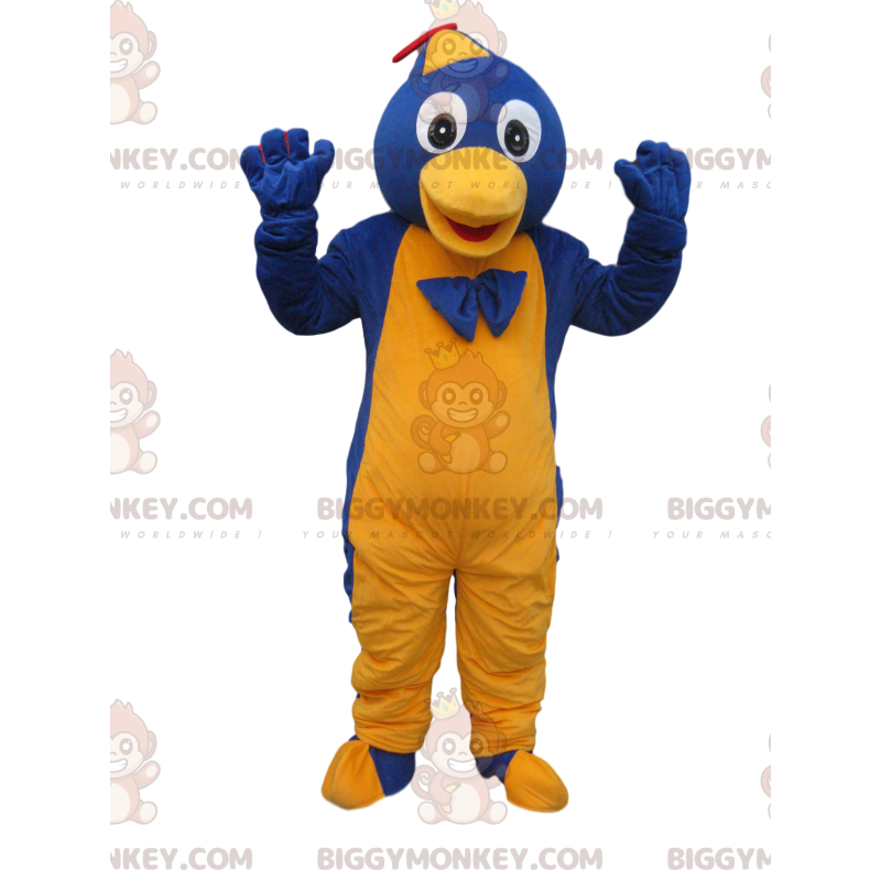 Blå och gul pingvin BIGGYMONKEY™ maskotdräkt med mössa och