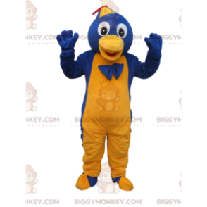 Kostium maskotki z czapką i kokardą niebiesko-żółty pingwin