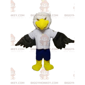 Traje de mascote BIGGYMONKEY™ de águia dourada branca e preta