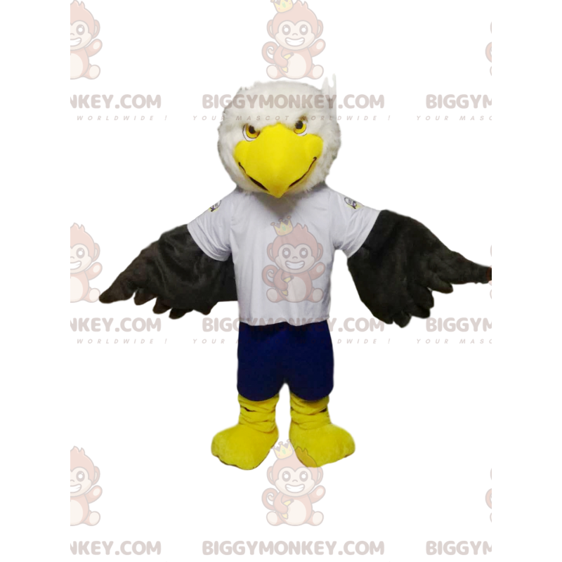 Traje de mascote BIGGYMONKEY™ de águia dourada branca e preta