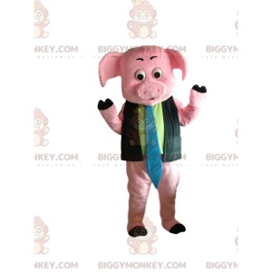 Στολή μασκότ Pink Pig BIGGYMONKEY™ με πουκάμισο και γραβάτα -