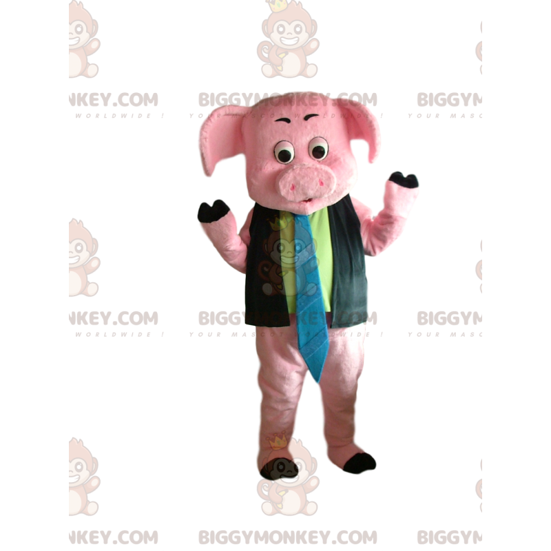 Pink Pig BIGGYMONKEY™ maskottiasu paidalla ja solmiolla -
