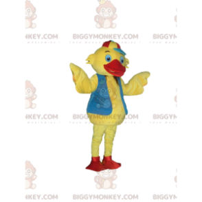 Traje de mascote de pato amarelo BIGGYMONKEY™ com colete azul e