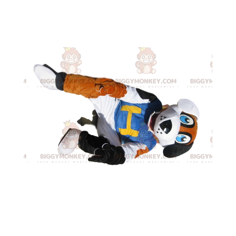 BIGGYMONKEY™ maskottiasu kolmiväriselle koiralle sinisellä