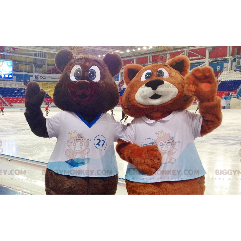 2 BIGGYMONKEY™s maskot en brunbjörn och en orange och vit räv -
