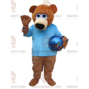 Bruine beer BIGGYMONKEY™ mascottekostuum met blauw shirt -