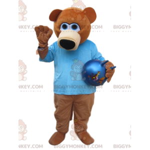 Brun björn BIGGYMONKEY™ maskotdräkt med blå skjorta -