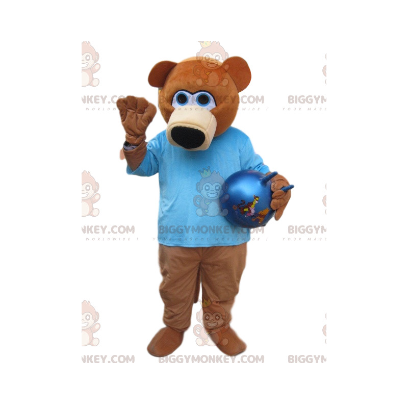 Traje de mascote de urso pardo BIGGYMONKEY™ com camisa azul –