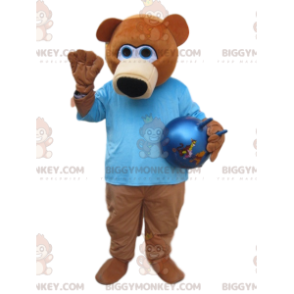 Brown Bear BIGGYMONKEY™ maskottiasu sinisellä paidalla -