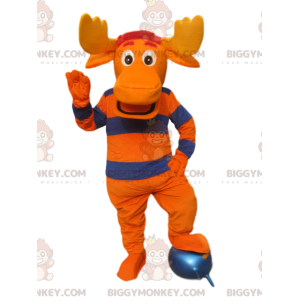 Disfraz de mascota Ciervo naranja y azul con cuernos grandes