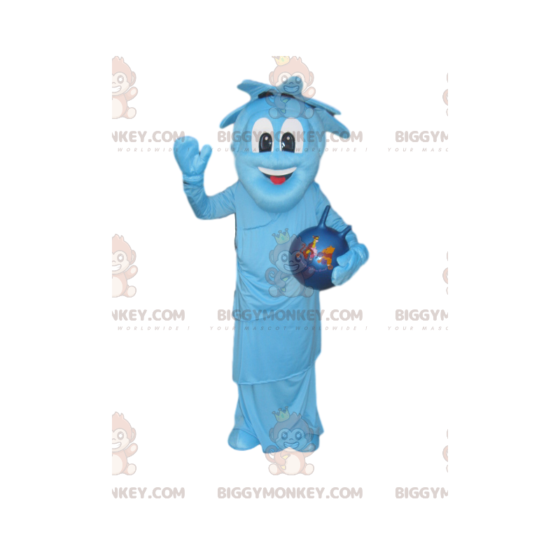 BIGGYMONKEY™ mascot costume of very smiling blue character with