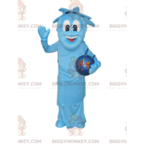 BIGGYMONKEY™ mascot costume of very smiling blue character with