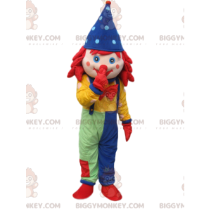 Clown BIGGYMONKEY™ maskotdräkt med overall och blå spetsig hatt