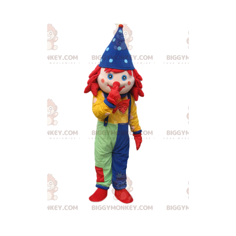 Clown BIGGYMONKEY™ maskotdräkt med overall och blå spetsig hatt