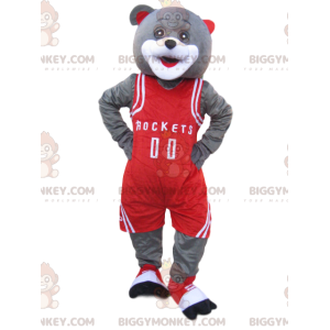 Gray Bear BIGGYMONKEY™ Mascot Costume with Red Sportswear -
