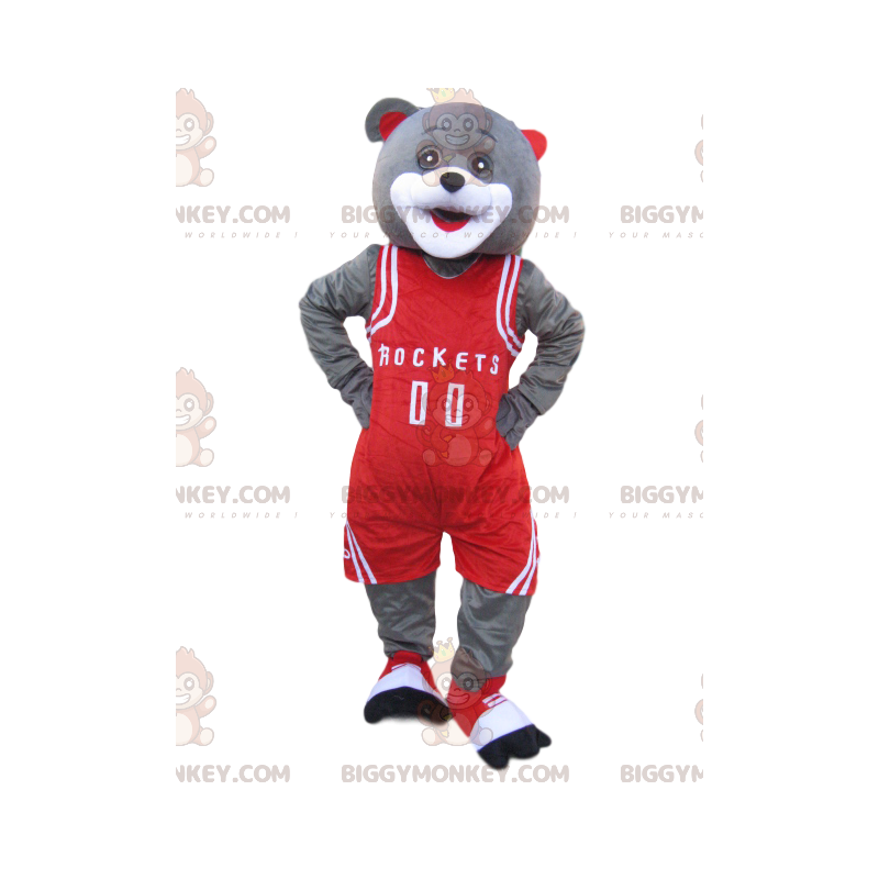 Gray Bear BIGGYMONKEY™ Mascot Costume with Red Sportswear –