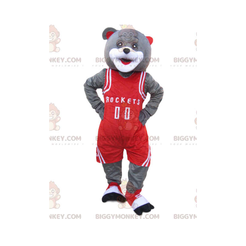 Grey Bear BIGGYMONKEY™ maskottiasu punaisella urheiluasulla -