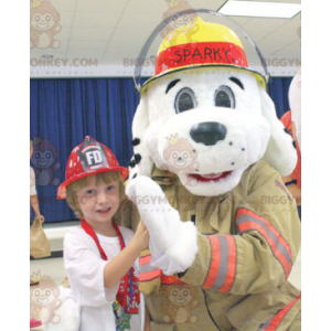 Kostým maskota bílého psa BIGGYMONKEY™, oblečený jako hasič –