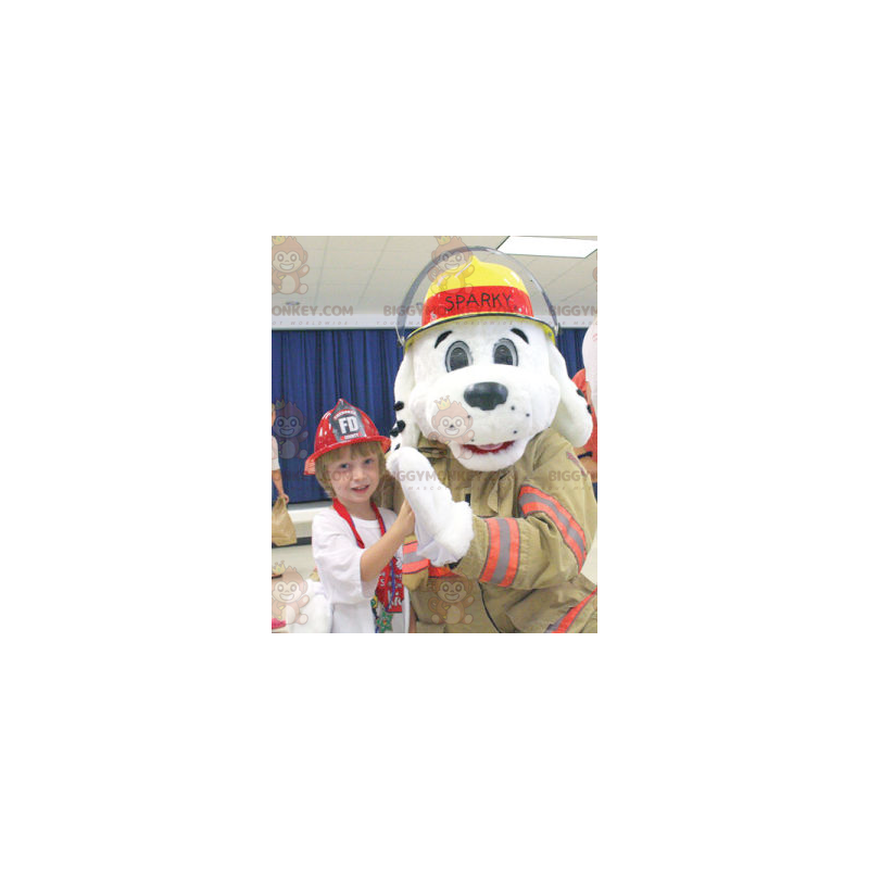 Weißer Hund BIGGYMONKEY™ Maskottchenkostüm als Feuerwehrmann