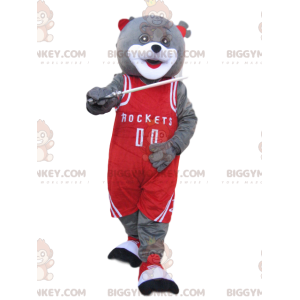 Gray Bear BIGGYMONKEY™ Mascot Costume with Red Sportswear -