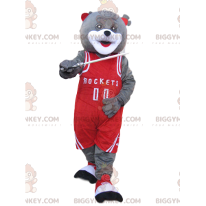 Grå björn BIGGYMONKEY™ maskotdräkt med röda sportkläder -