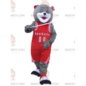 Gray Bear BIGGYMONKEY™ Mascot Costume with Red Sportswear –