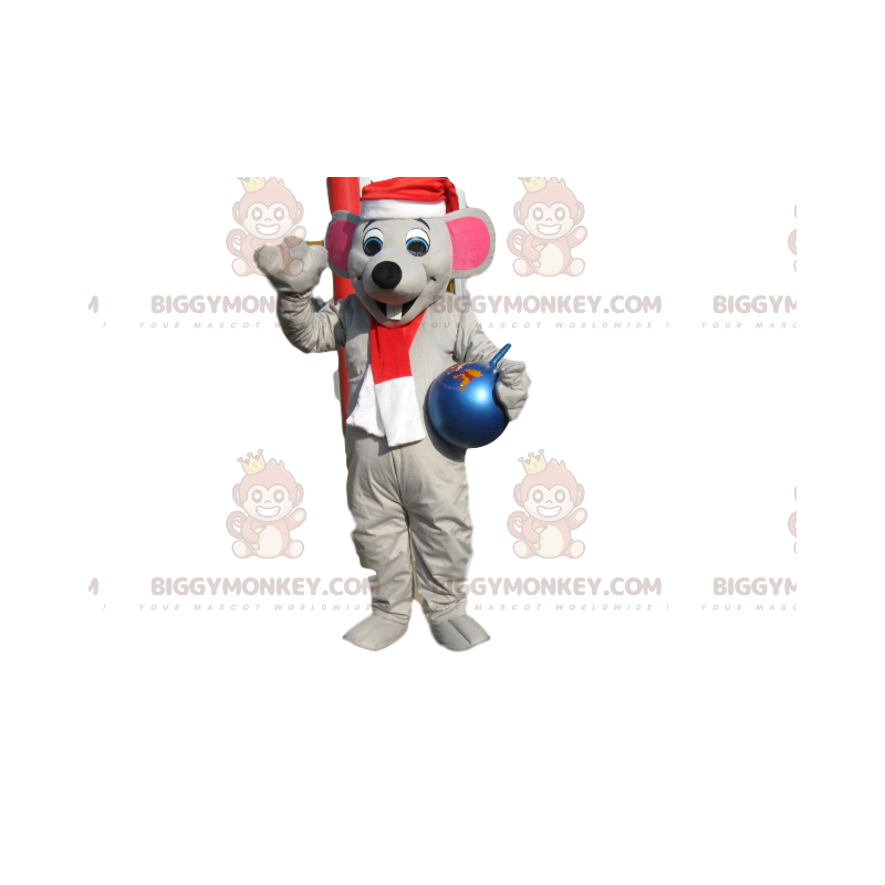 Gray Mouse BIGGYMONKEY™ Mascot Costume with Hat, Christmas