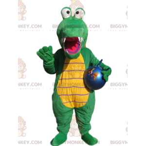 Fato de mascote BIGGYMONKEY™ de crocodilo verde com balão azul.
