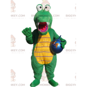 Fato de mascote BIGGYMONKEY™ de crocodilo verde com balão azul.