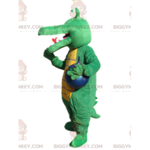 Fato de mascote BIGGYMONKEY™ de crocodilo verde com balão azul.