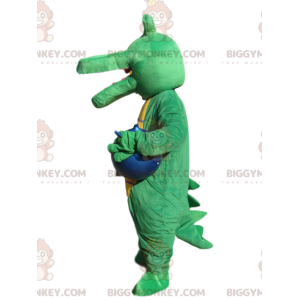 Fato de mascote BIGGYMONKEY™ de crocodilo verde com balão azul.