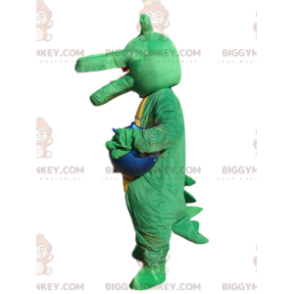 Fato de mascote BIGGYMONKEY™ de crocodilo verde com balão azul.