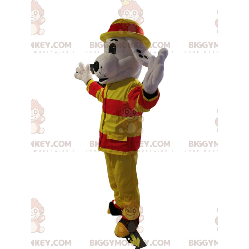 BIGGYMONKEY™ mascottekostuum witte hond in brandweeruitrusting