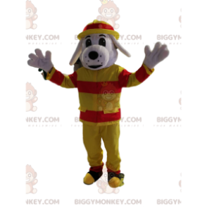 BIGGYMONKEY™ Maskottchenkostüm Weißer Hund im Feuerwehrkostüm -