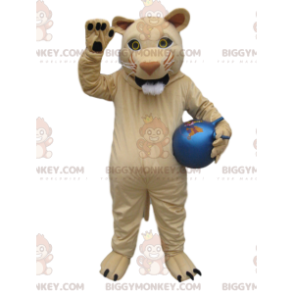 Costume de mascotte BIGGYMONKEY™ de lionne crème avec un ballon