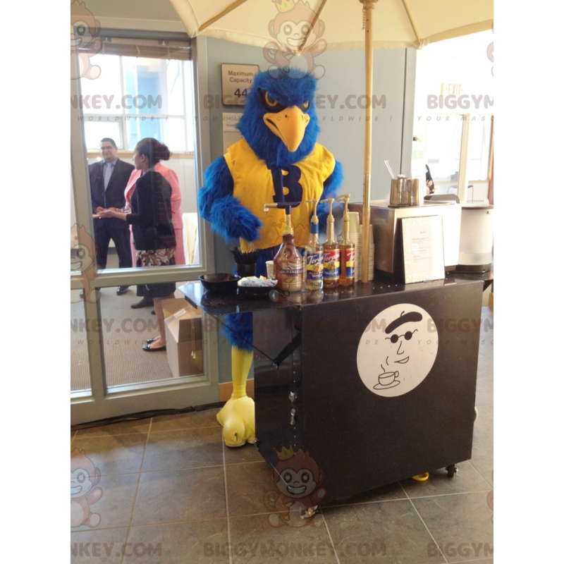 Costume de mascotte BIGGYMONKEY™ d'oiseau bleu et jaune tout