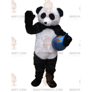 BIGGYMONKEY™ Maskotdräkt Svartvit panda med blå ballong -