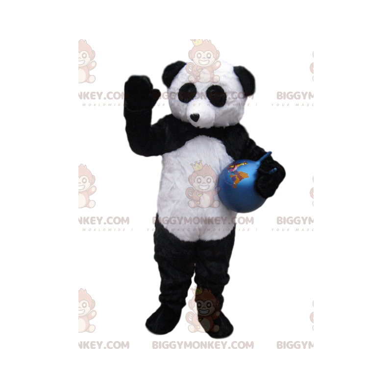BIGGYMONKEY™ maskotkostume Sort og hvid panda med blå ballon -