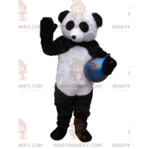 BIGGYMONKEY™ Μασκότ Κοστούμι ασπρόμαυρο Panda με μπλε μπαλόνι -