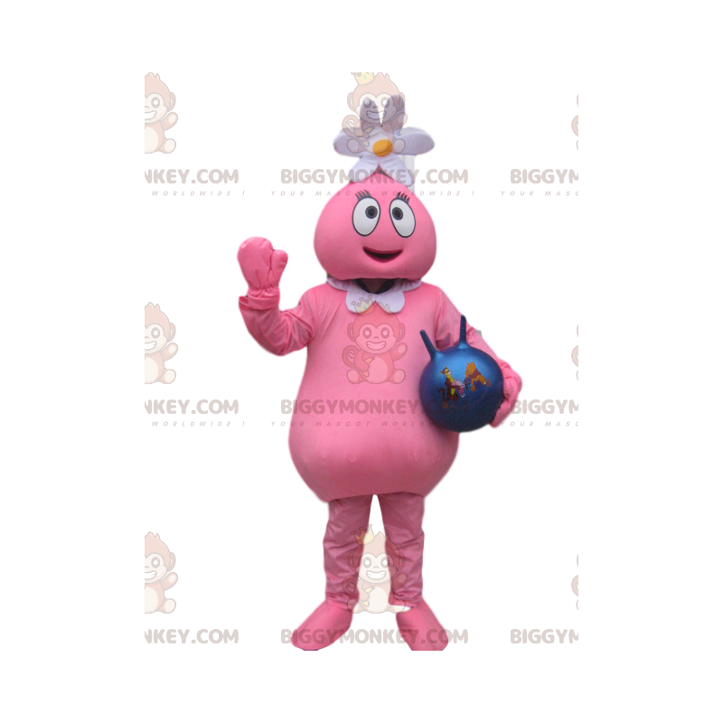 Biggymonkey Mascot Costume Pink Character with Flower on Head and Balloon