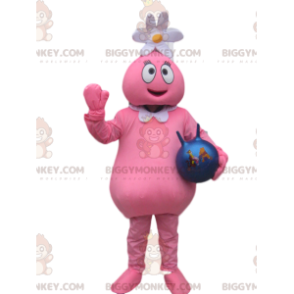 BIGGYMONKEY™ mascottekostuum roze karakter met bloem op hoofd