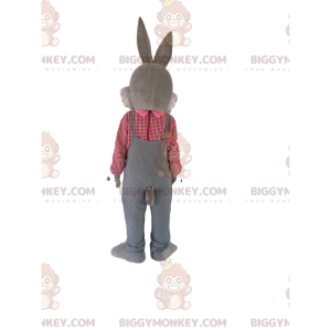 Grå kanin BIGGYMONKEY™ maskotdräkt med overall och rutig