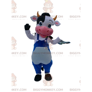 BIGGYMONKEY™ maskottiasu, mustavalkoinen lehmä sinisillä